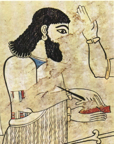 Scribe en train d’écrire une tablette cunéiforme. Fresque de Til Barsip, copyright Musée du Louvre