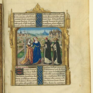 Vue de Saint-Denis, Paris, BNF, Vie et miracles de saint Louis, manuscrit 2829, folio 94